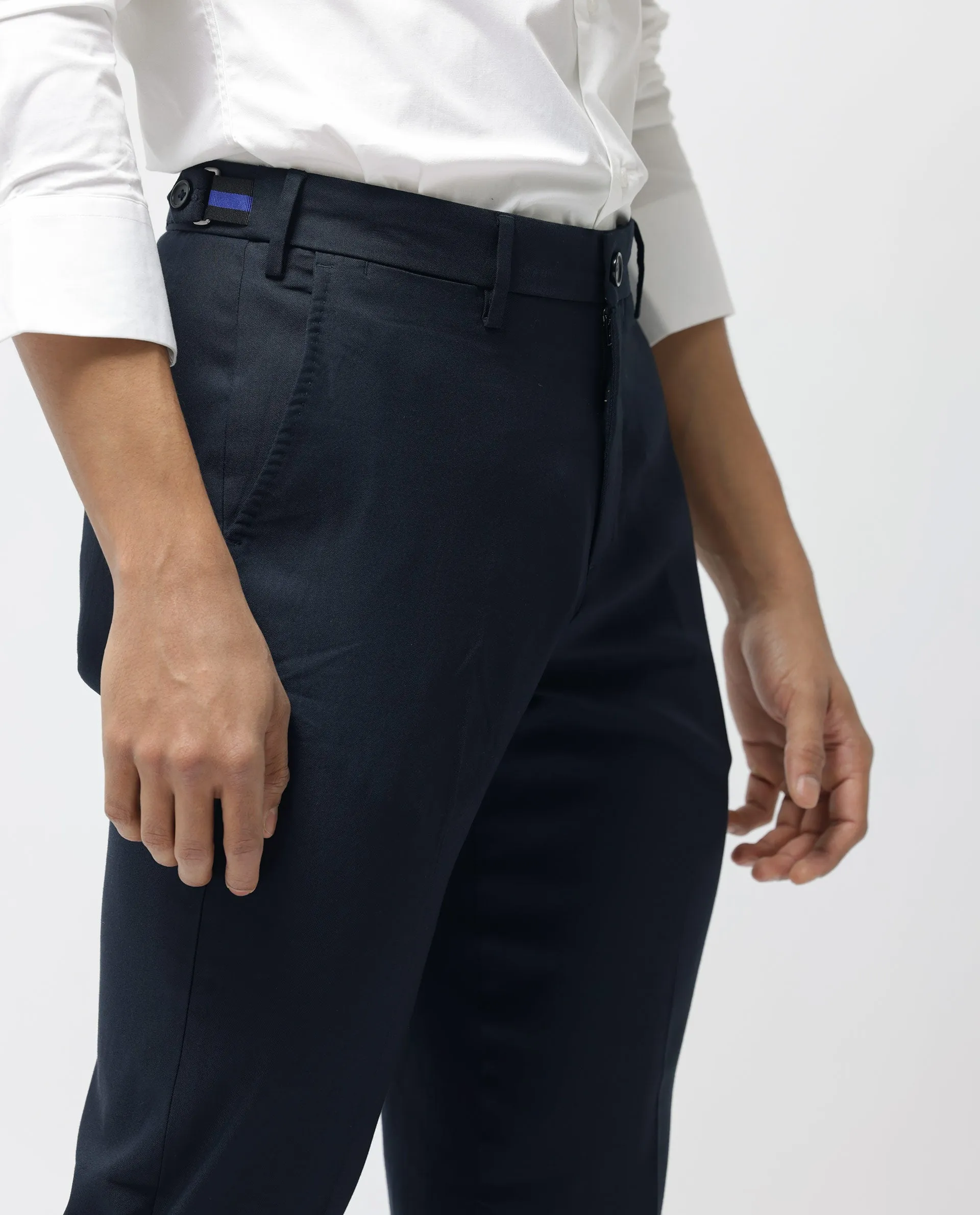 Rare Rabbit Men's Glade-1 Navy Solid Mid-Rise Regular Fit Trousers