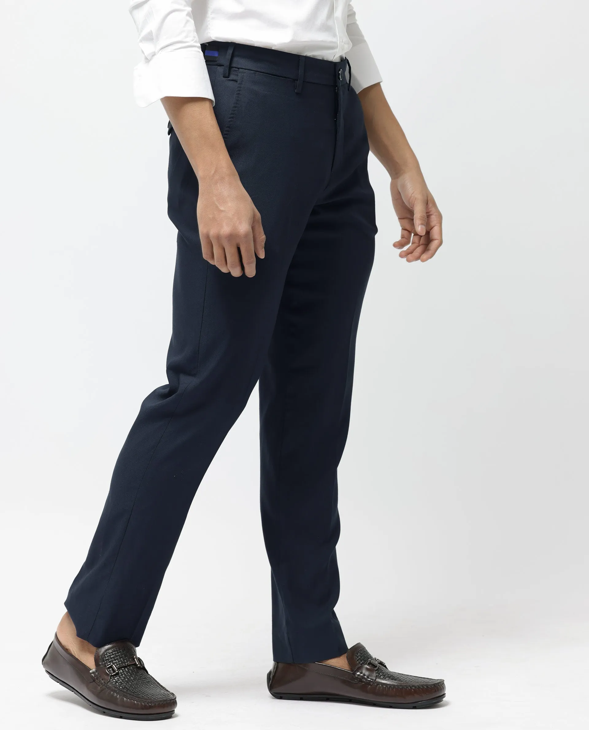 Rare Rabbit Men's Glade-1 Navy Solid Mid-Rise Regular Fit Trousers