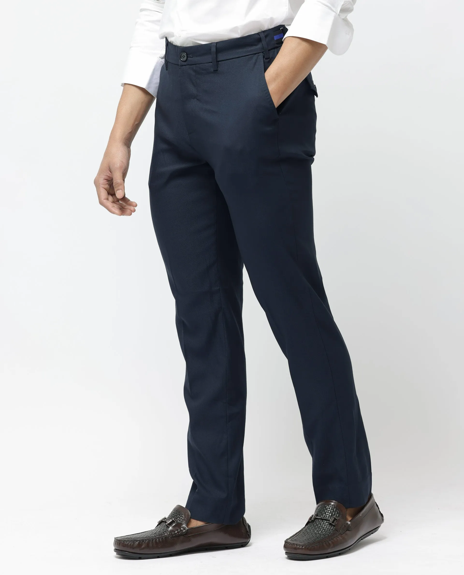 Rare Rabbit Men's Glade-1 Navy Solid Mid-Rise Regular Fit Trousers