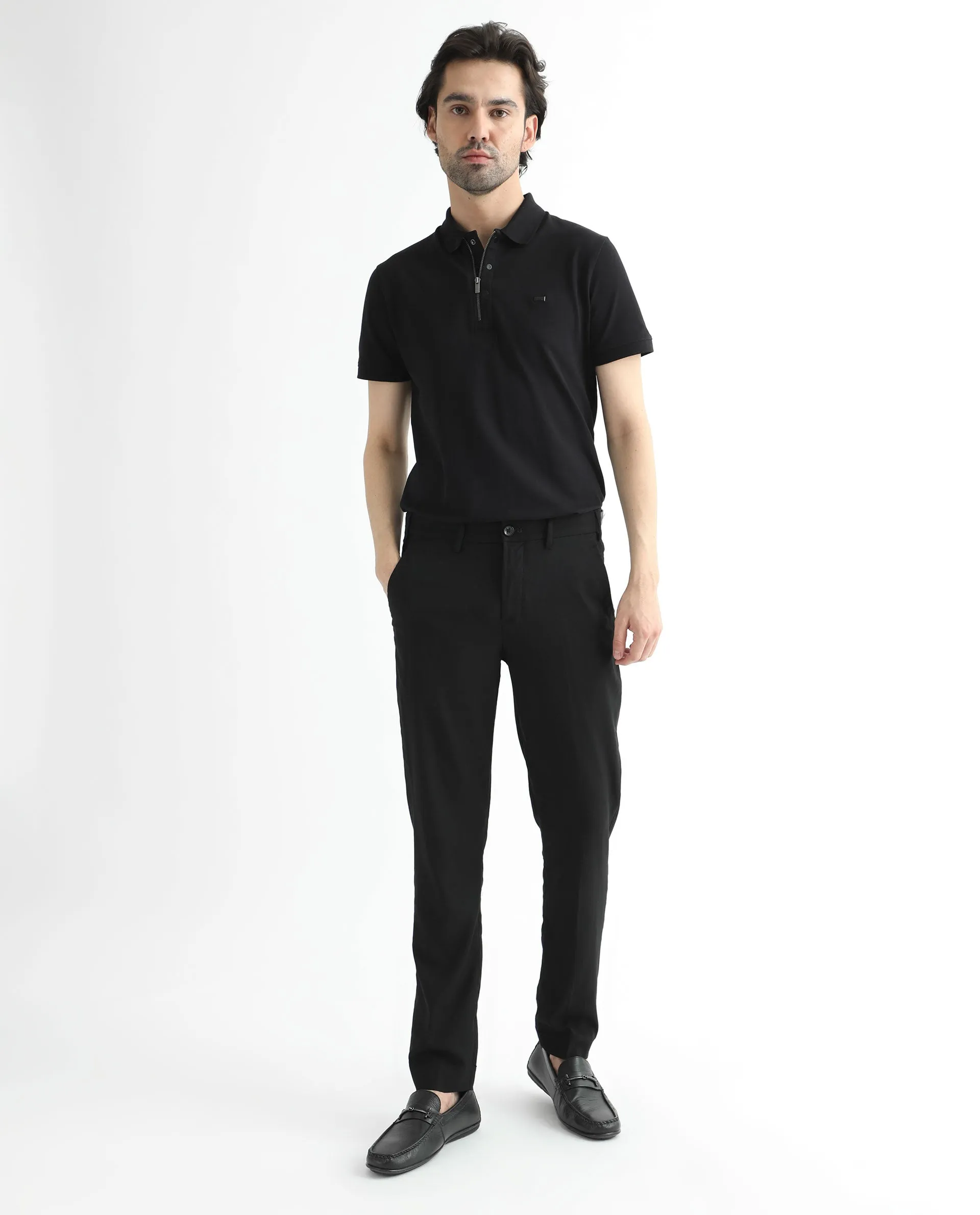 Rare Rabbit Men's Glade Black Solid Mid-Rise Slim Fit Trousers