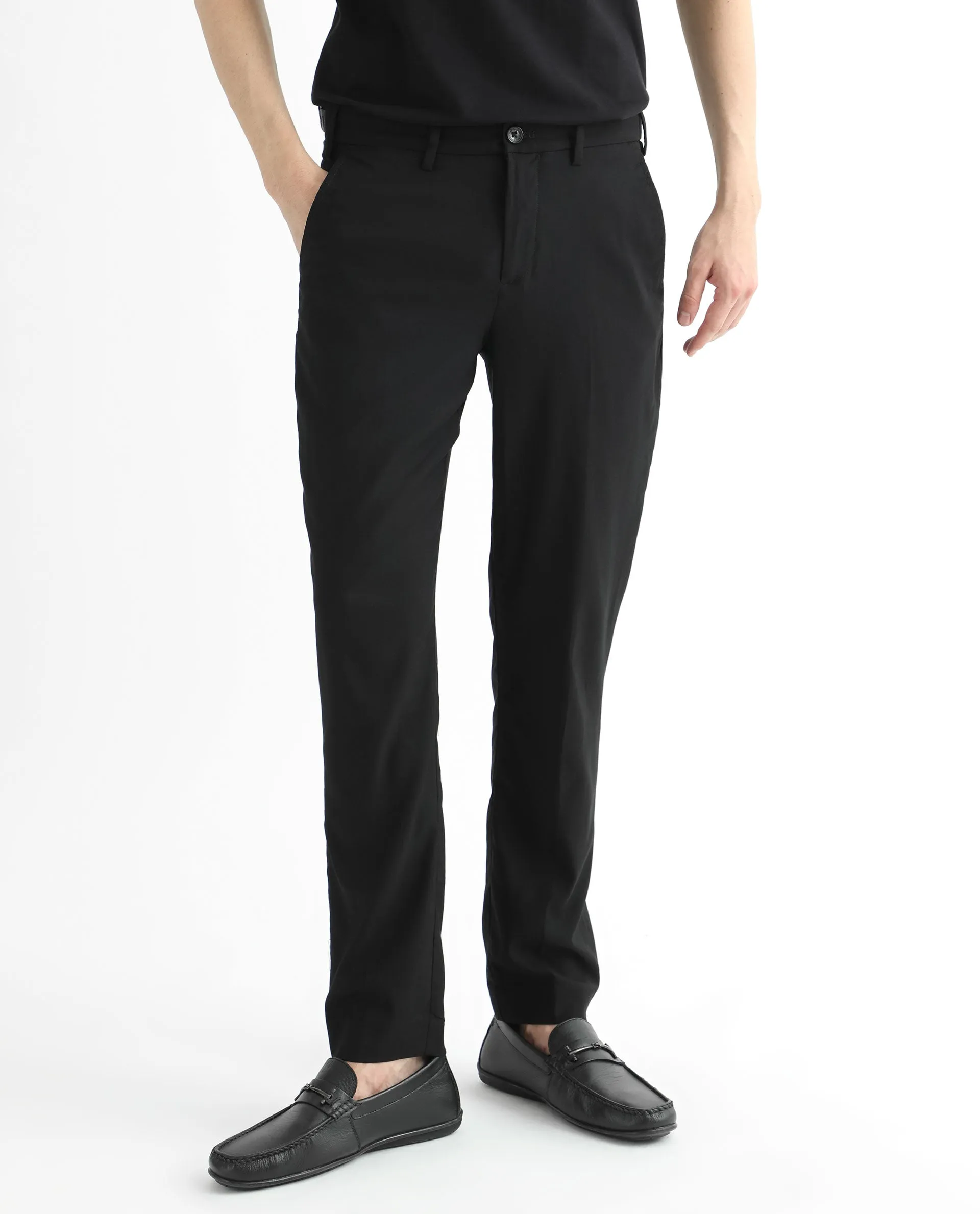 Rare Rabbit Men's Glade Black Solid Mid-Rise Slim Fit Trousers
