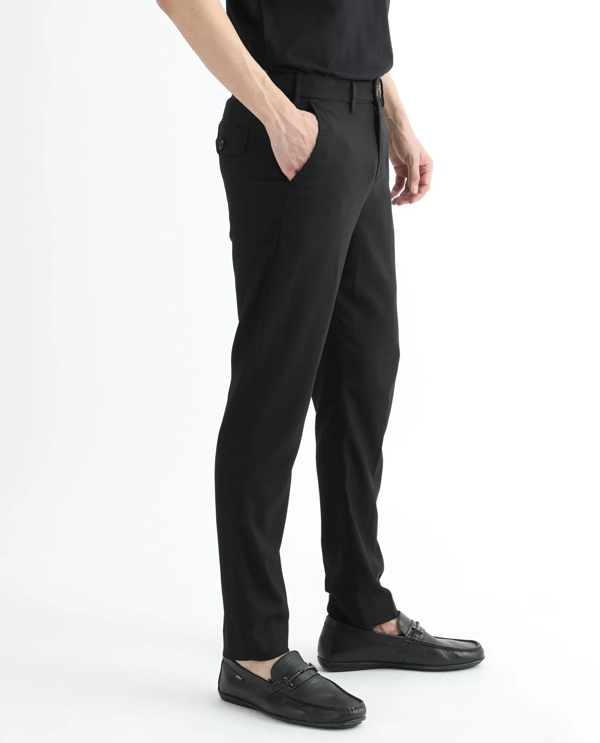 Rare Rabbit Men's Glade Black Solid Mid-Rise Slim Fit Trousers