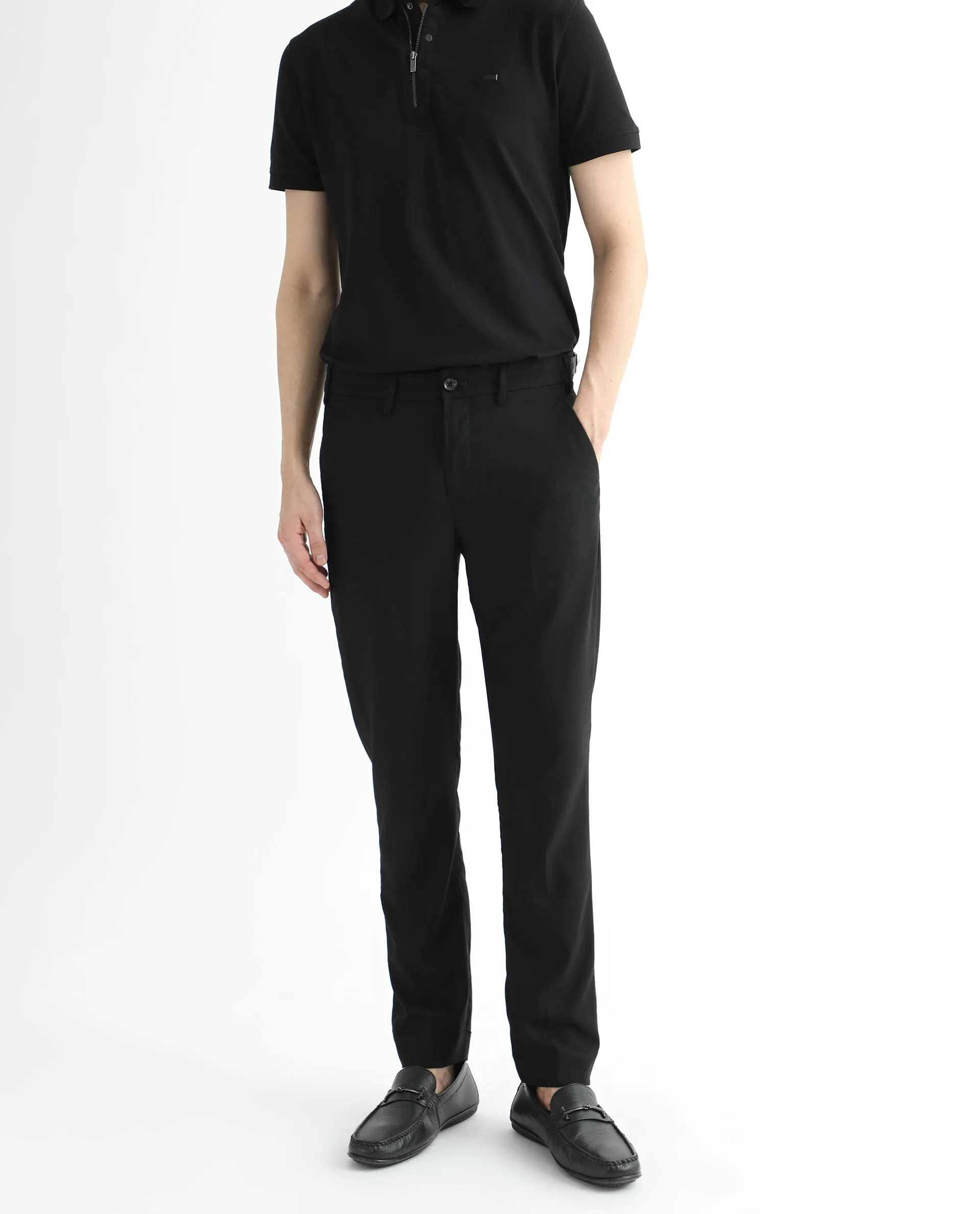 Rare Rabbit Men's Glade Black Solid Mid-Rise Slim Fit Trousers
