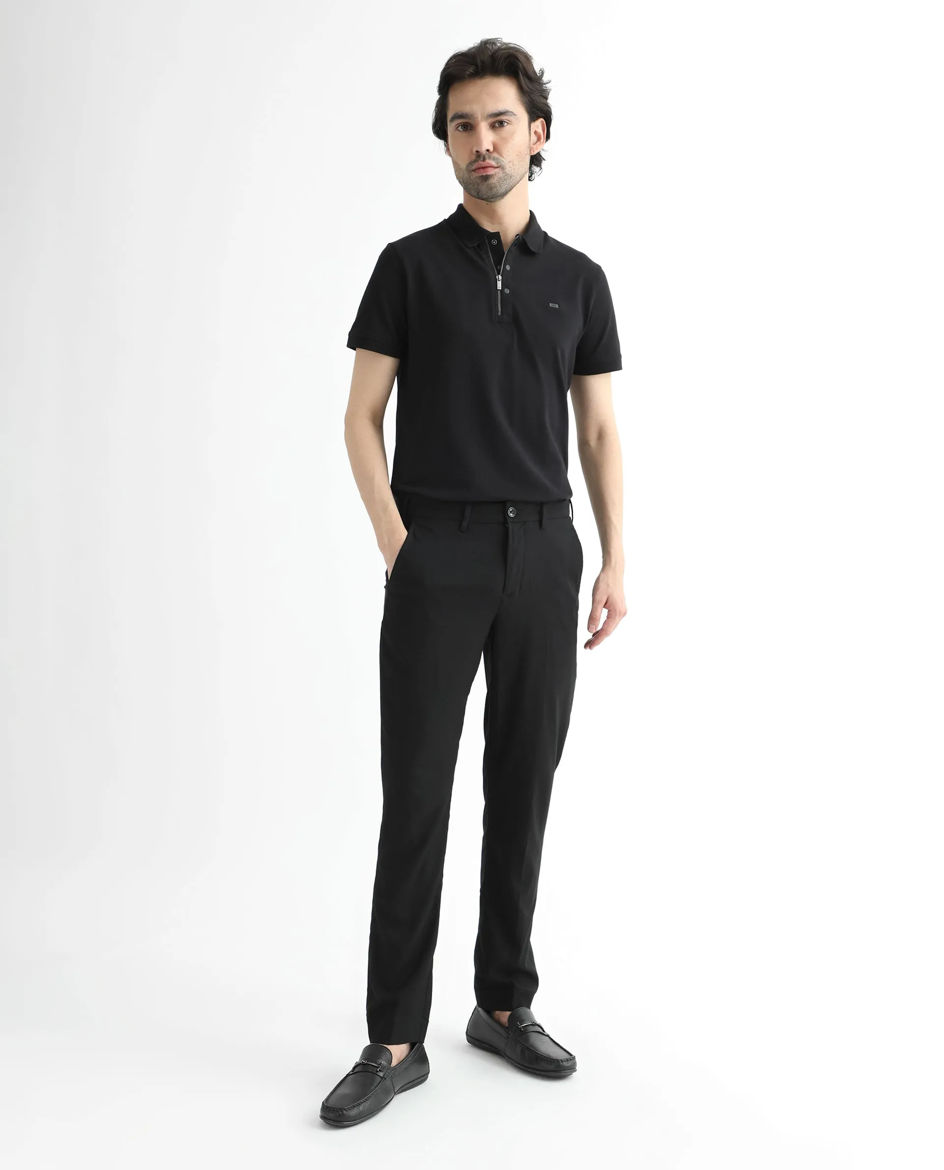 Rare Rabbit Men's Glade Black Solid Mid-Rise Slim Fit Trousers