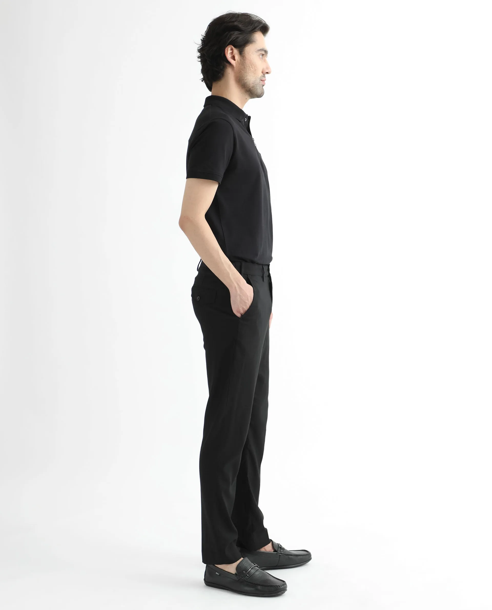 Rare Rabbit Men's Glade Black Solid Mid-Rise Slim Fit Trousers