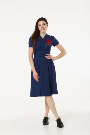 Reema Dress Navy with Rose Embroidery