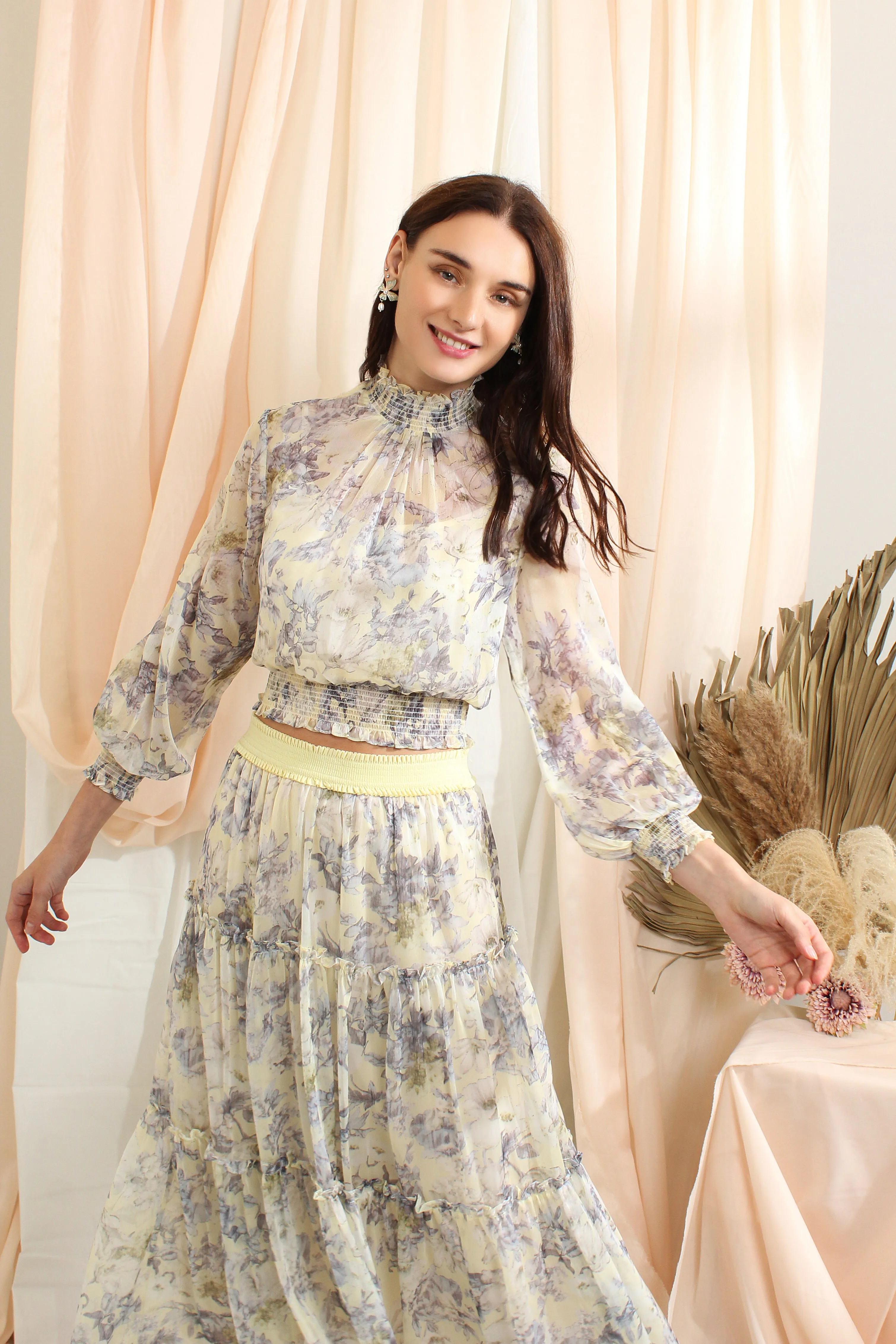 Ruffle Chiffon Sets With Floral Prints
