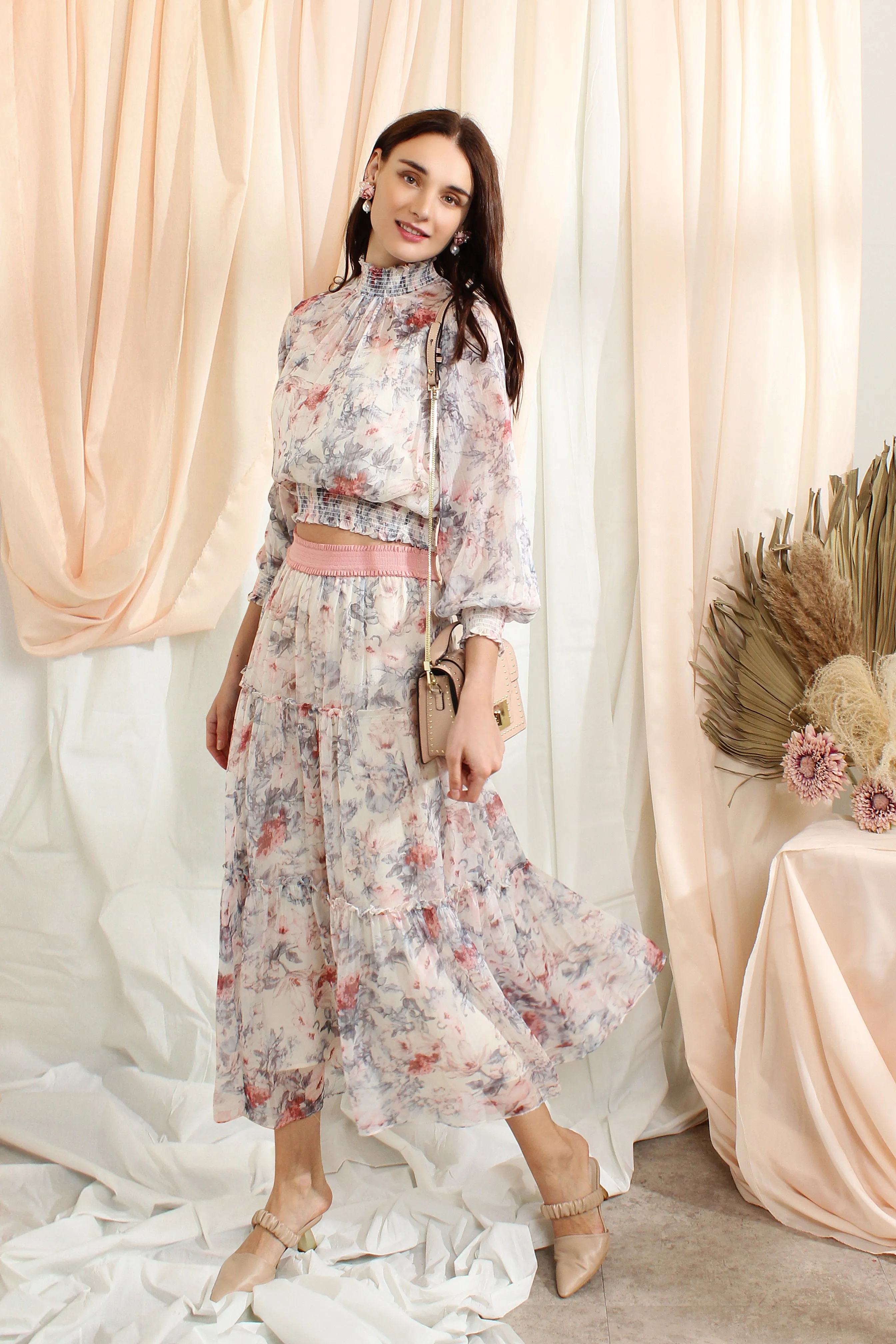 Ruffle Chiffon Sets With Floral Prints