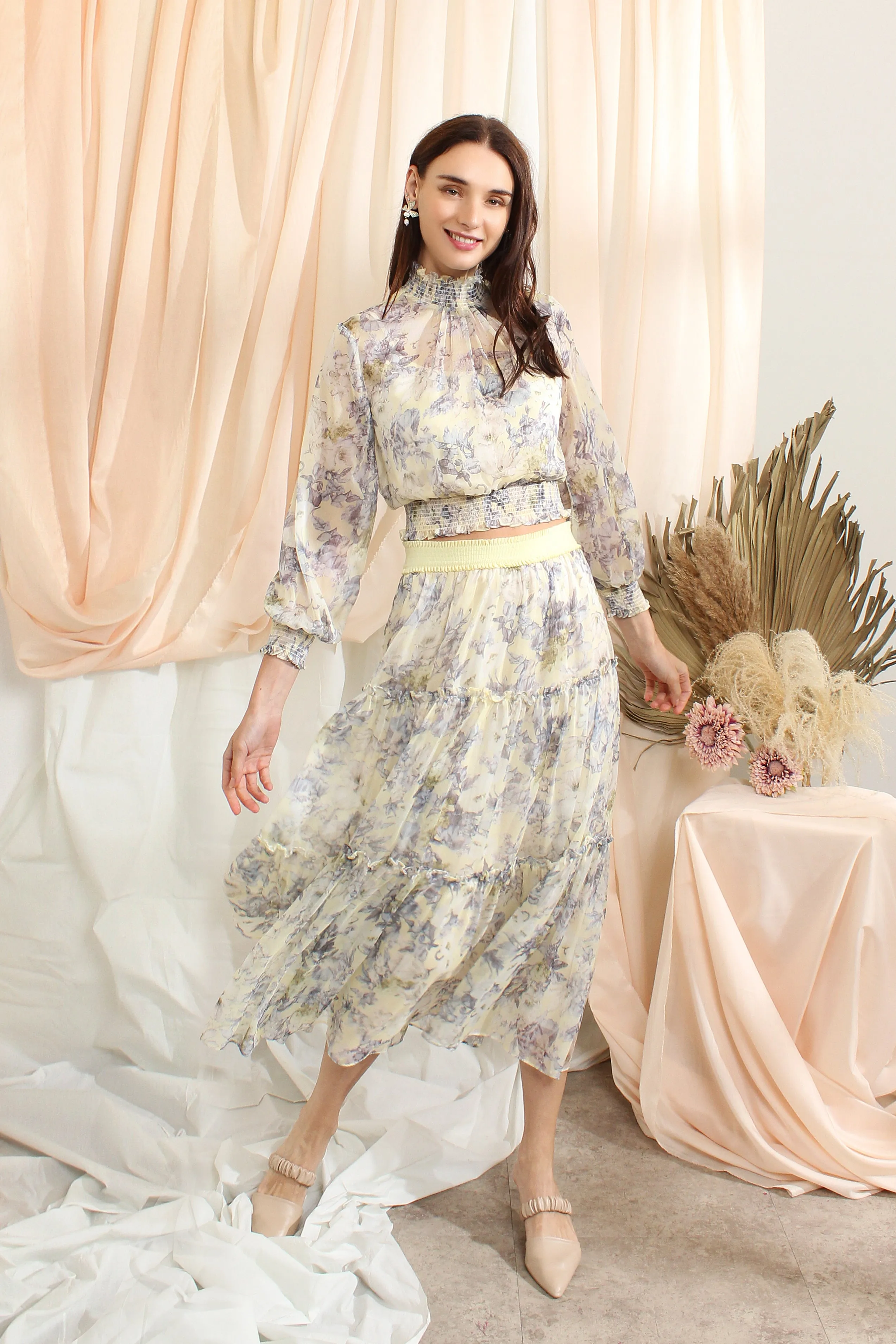Ruffle Chiffon Sets With Floral Prints