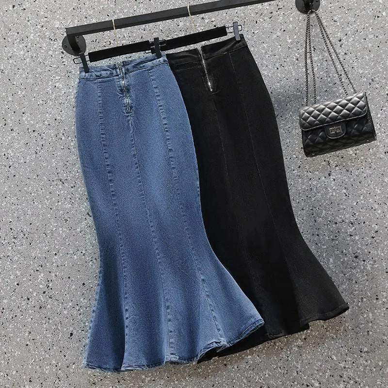 Ruffled Flounced Zipper High Waist Slimming Denim Skirts