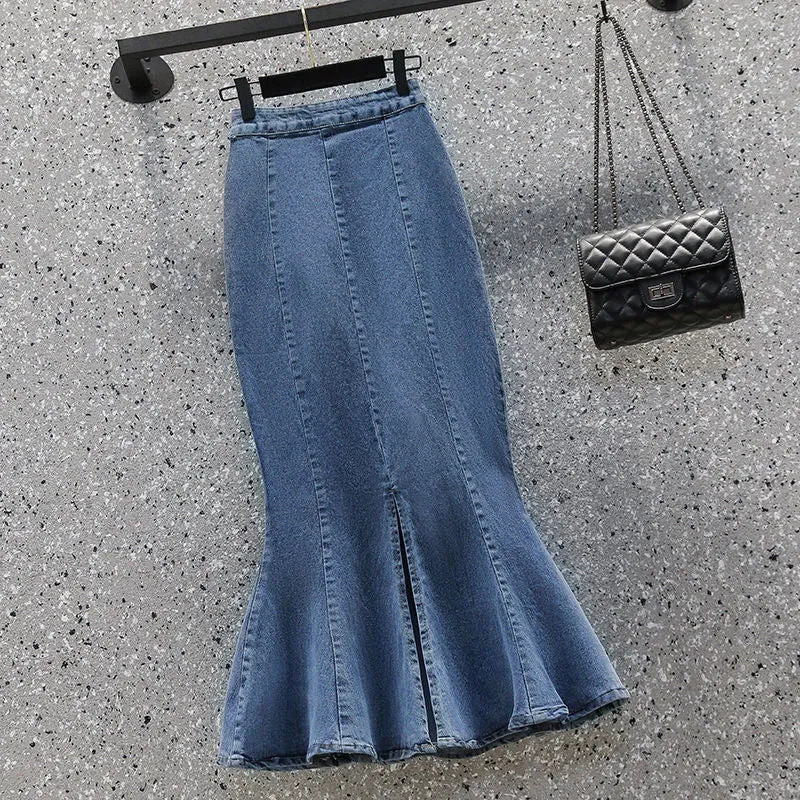 Ruffled Flounced Zipper High Waist Slimming Denim Skirts