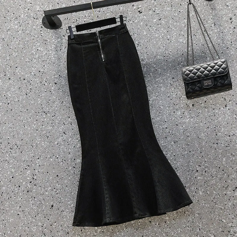 Ruffled Flounced Zipper High Waist Slimming Denim Skirts