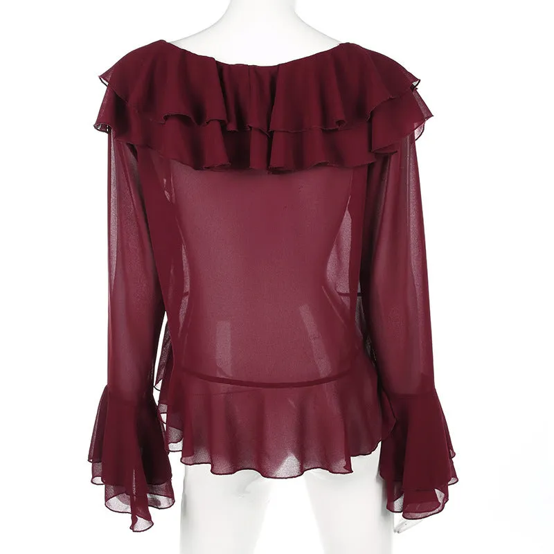 Ruffles V-neck Mesh Chiffon Patchwork Transparent Long Trumpet Sleeves Blouse
