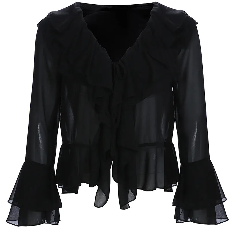 Ruffles V-neck Mesh Chiffon Patchwork Transparent Long Trumpet Sleeves Blouse