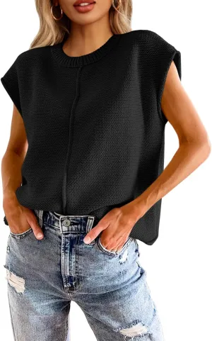 Saodimallsu Womens Summer Cap Sleeve Tops Casual Crew Neck Loose Fit Knit Lightweight Sweater Pullover Top