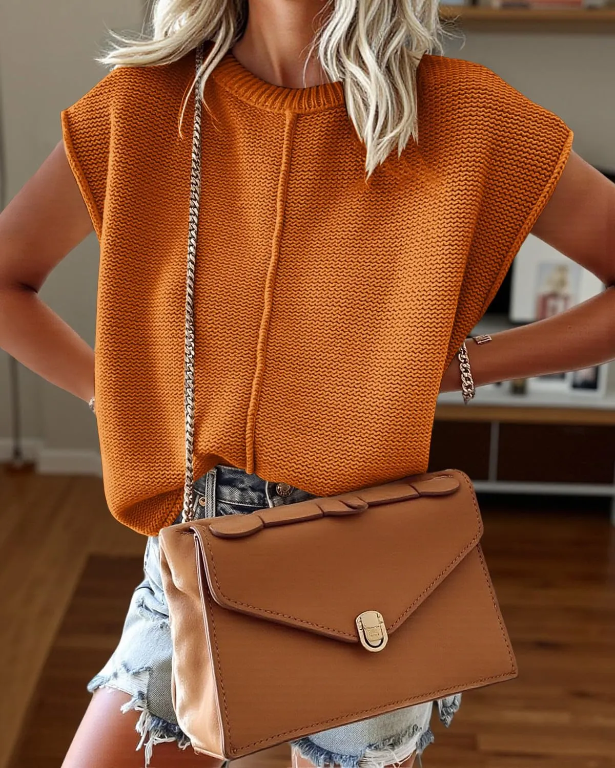 Saodimallsu Womens Summer Cap Sleeve Tops Casual Crew Neck Loose Fit Knit Lightweight Sweater Pullover Top