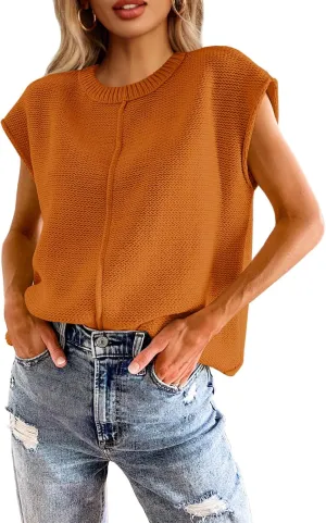 Saodimallsu Womens Summer Cap Sleeve Tops Casual Crew Neck Loose Fit Knit Lightweight Sweater Pullover Top