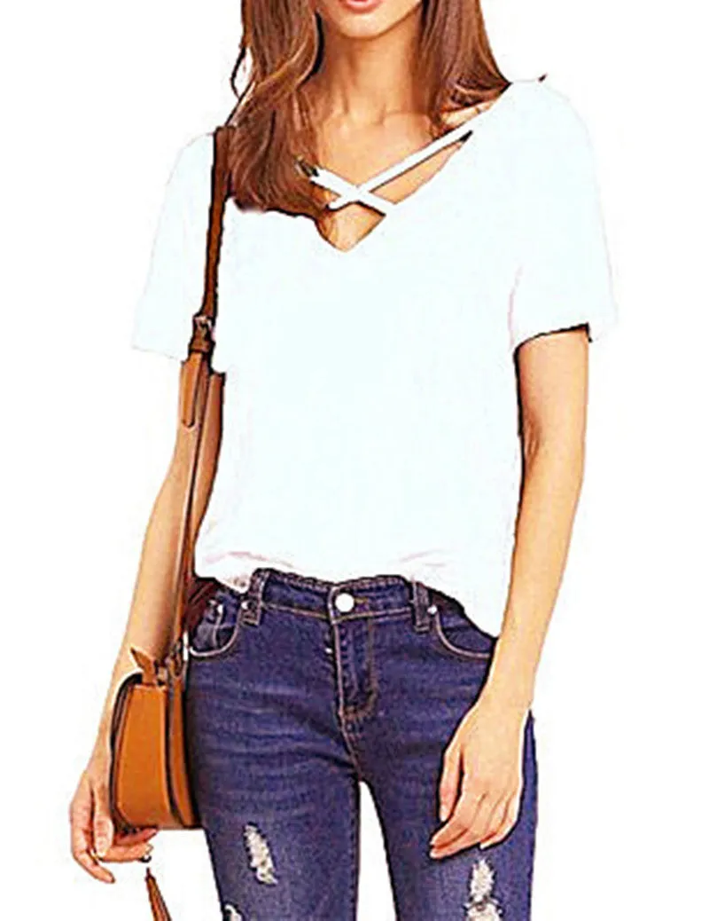 Scoop V-back Pure Color Short Sleeves Regular Blouse