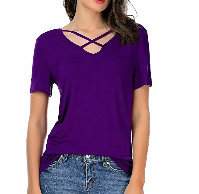Scoop V-back Pure Color Short Sleeves Regular Blouse