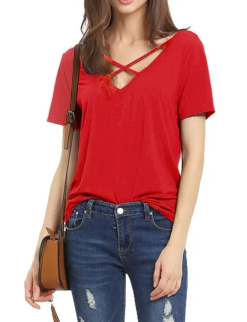 Scoop V-back Pure Color Short Sleeves Regular Blouse