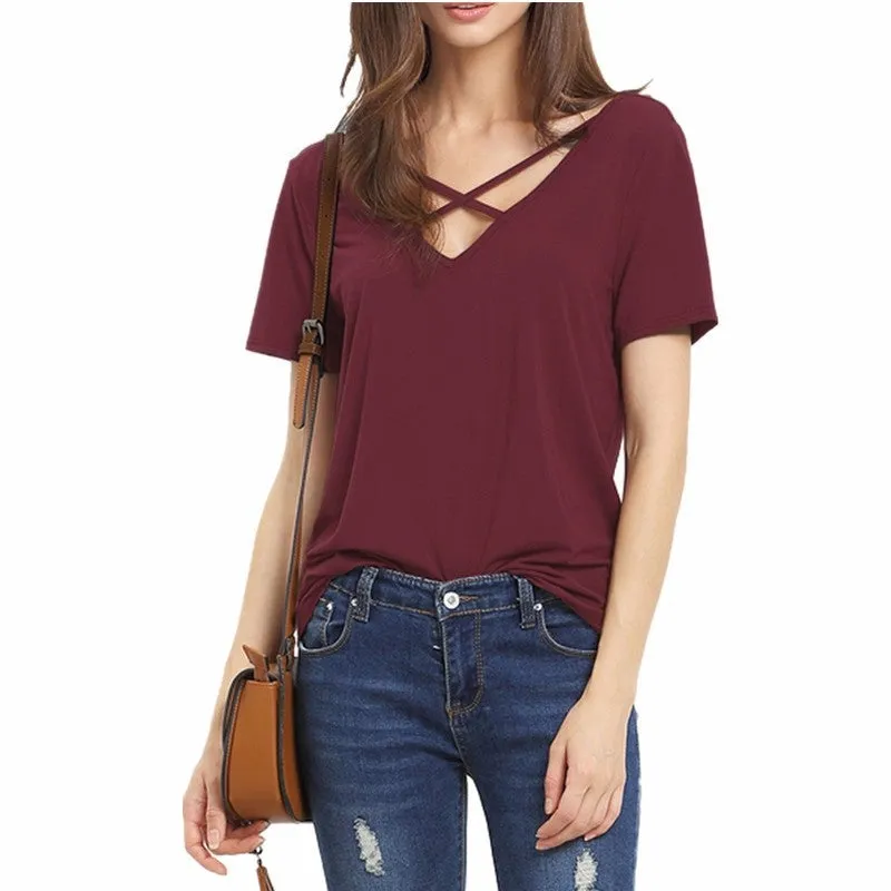 Scoop V-back Pure Color Short Sleeves Regular Blouse