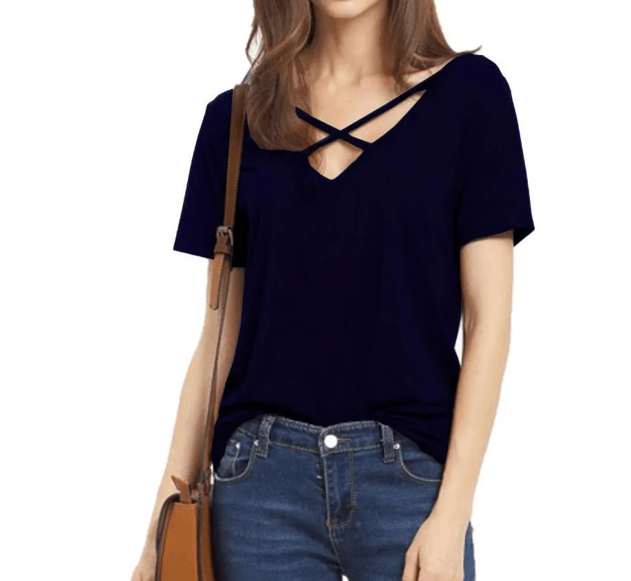 Scoop V-back Pure Color Short Sleeves Regular Blouse