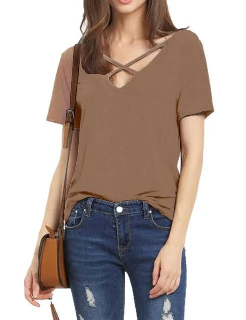 Scoop V-back Pure Color Short Sleeves Regular Blouse
