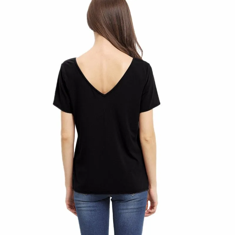 Scoop V-back Pure Color Short Sleeves Regular Blouse
