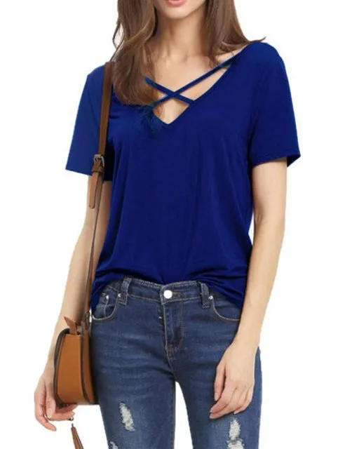 Scoop V-back Pure Color Short Sleeves Regular Blouse