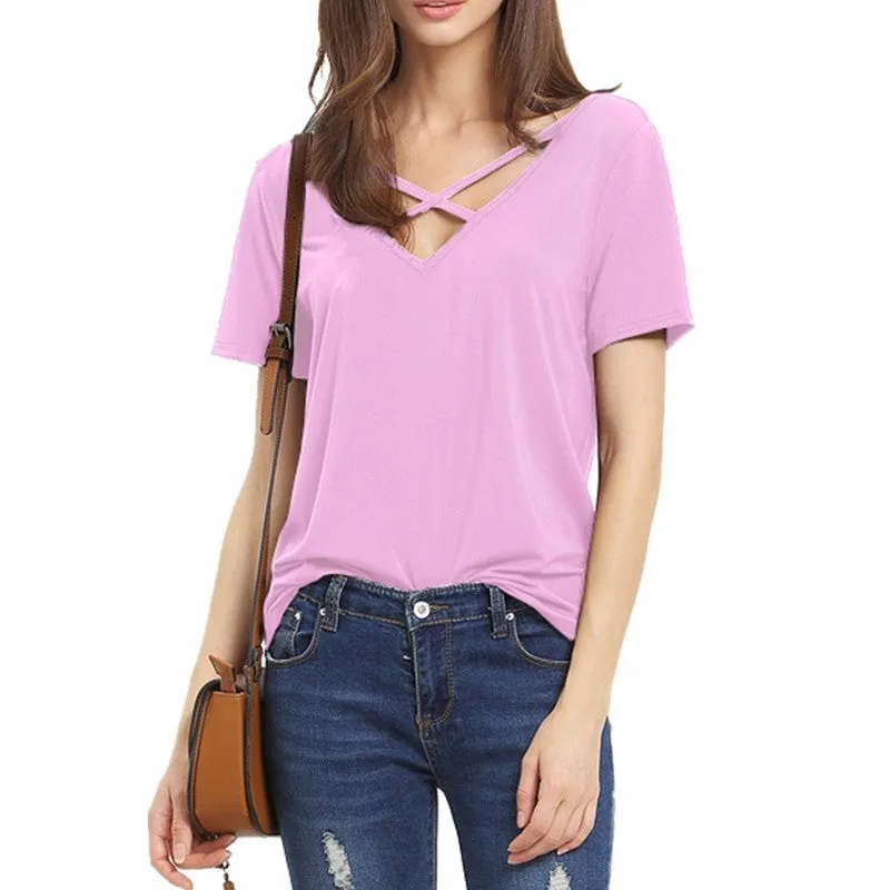 Scoop V-back Pure Color Short Sleeves Regular Blouse
