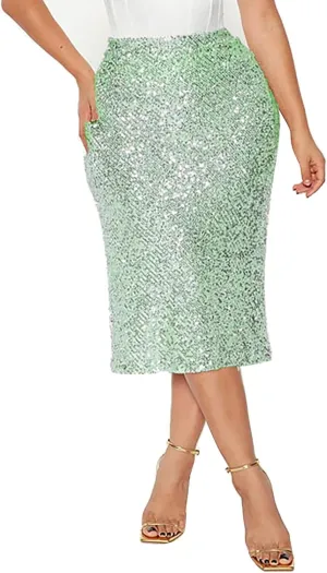Sequin Skirt for Women, Sparkly Skirts, Sexy Glitter Formal Midi Skirt Bodycon for Holiday/Cocktail Party/Business