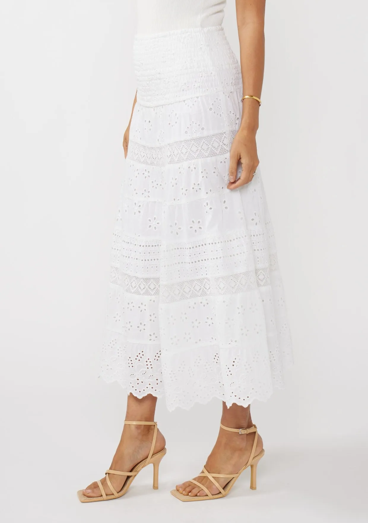 SMOCKED BUST TIERED EYELET DRESS - WHITE