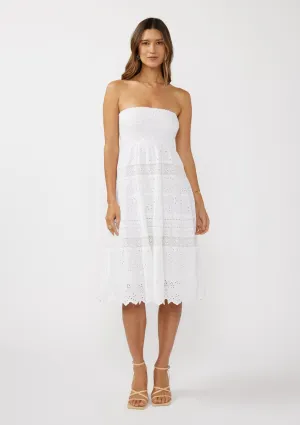 SMOCKED BUST TIERED EYELET DRESS - WHITE