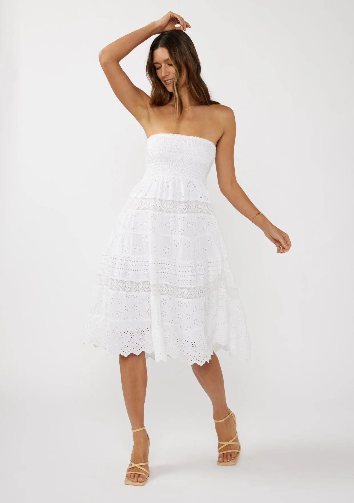 SMOCKED BUST TIERED EYELET DRESS - WHITE