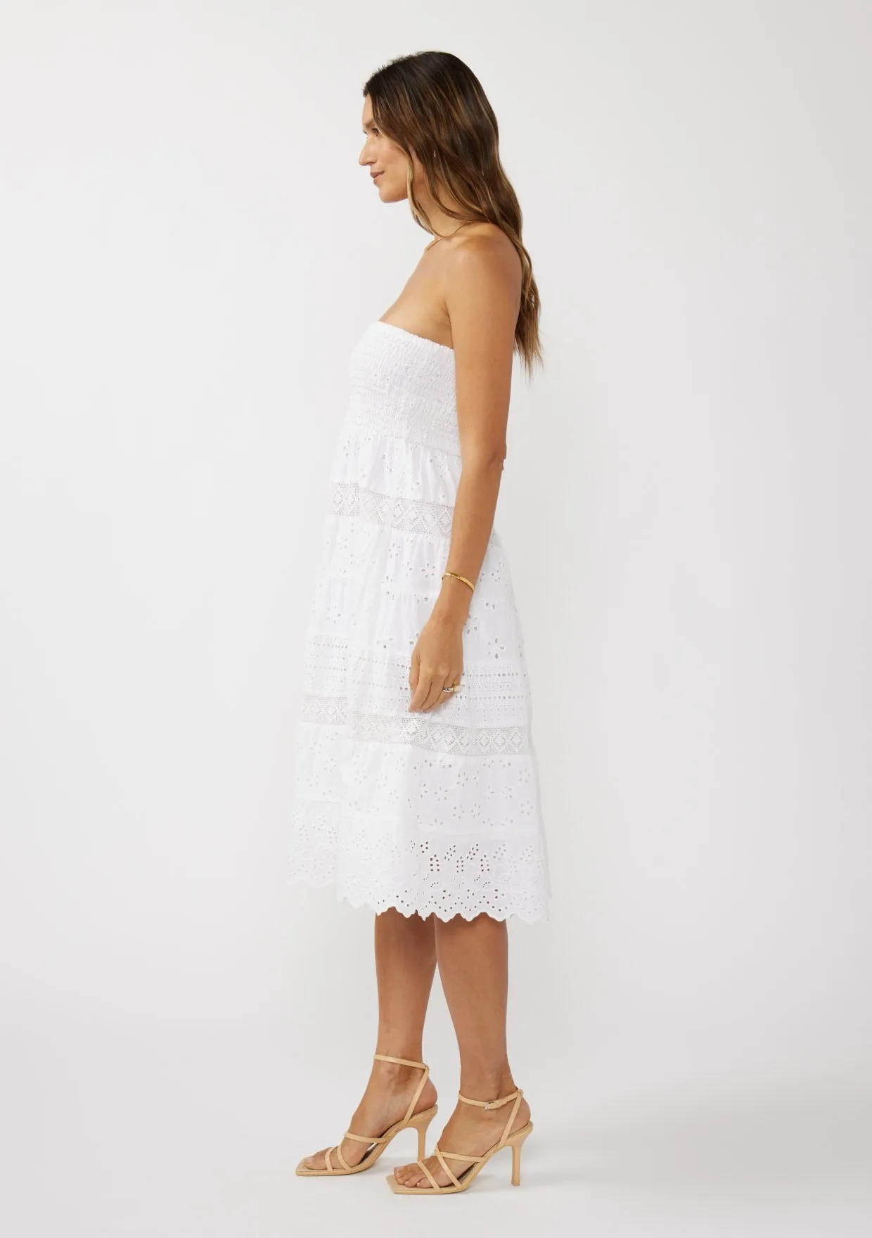 SMOCKED BUST TIERED EYELET DRESS - WHITE