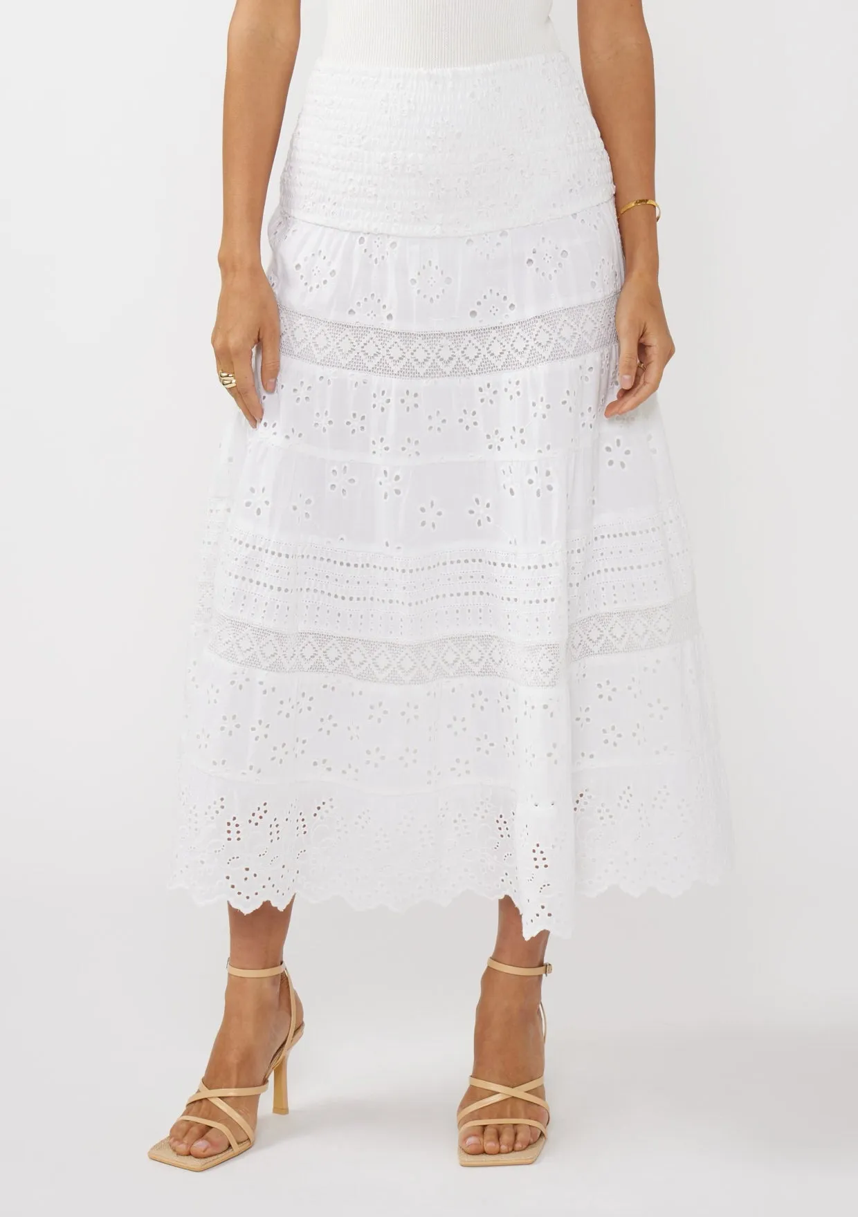 SMOCKED BUST TIERED EYELET DRESS - WHITE