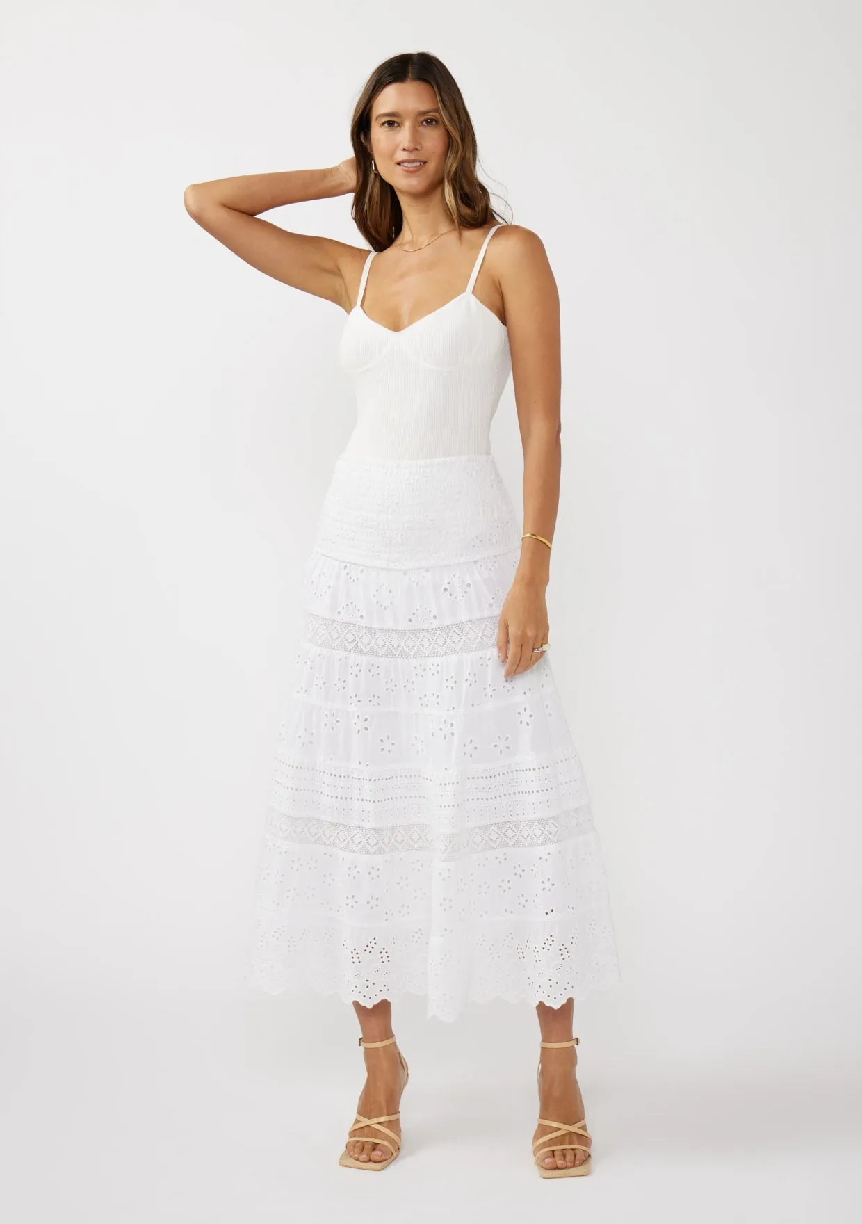 SMOCKED BUST TIERED EYELET DRESS - WHITE