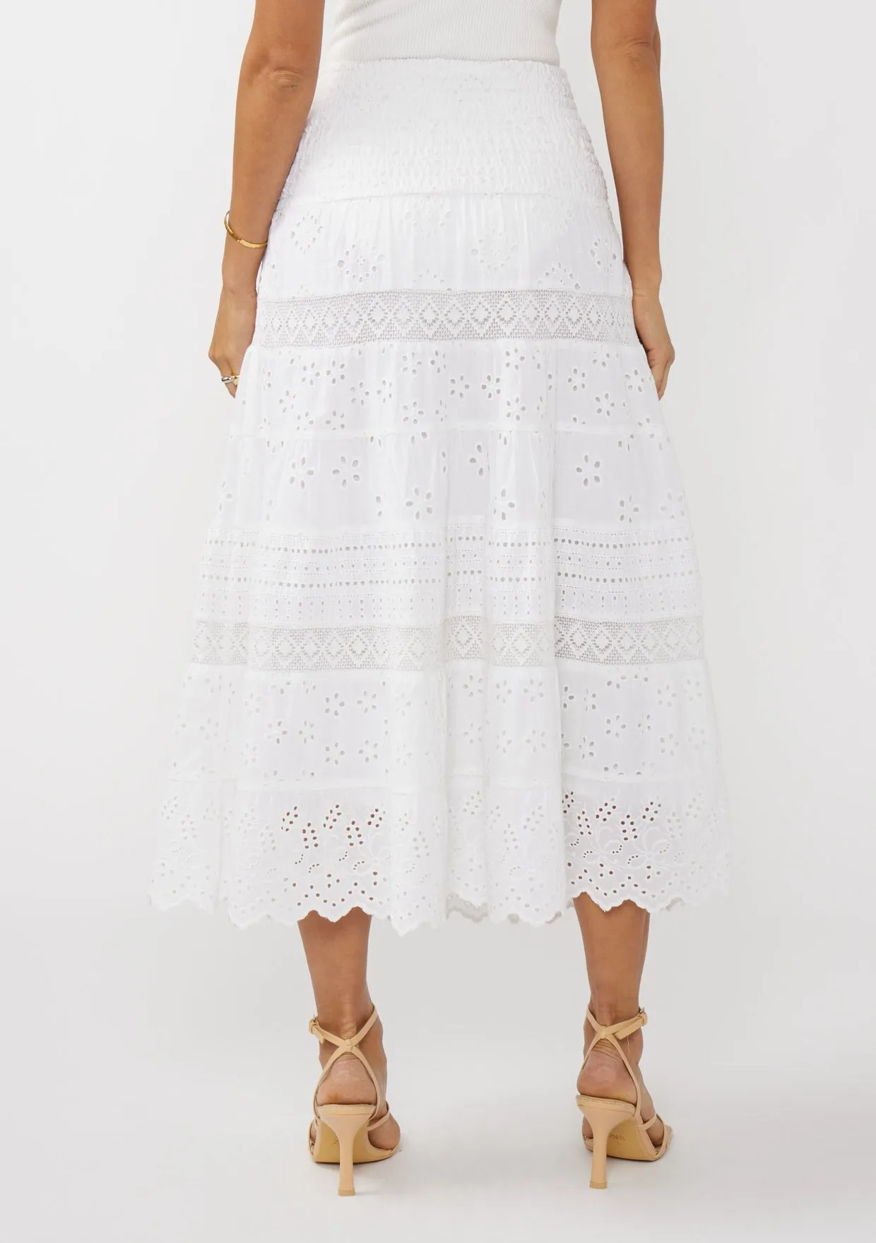 SMOCKED BUST TIERED EYELET DRESS - WHITE
