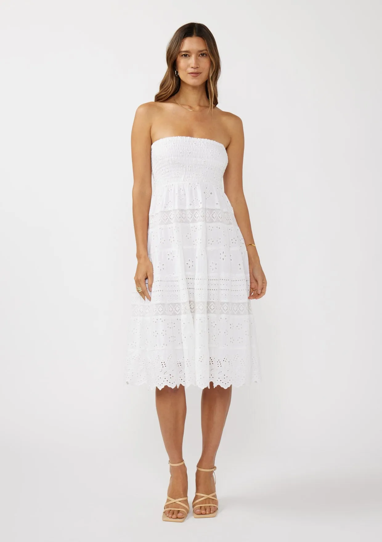 SMOCKED BUST TIERED EYELET DRESS - WHITE