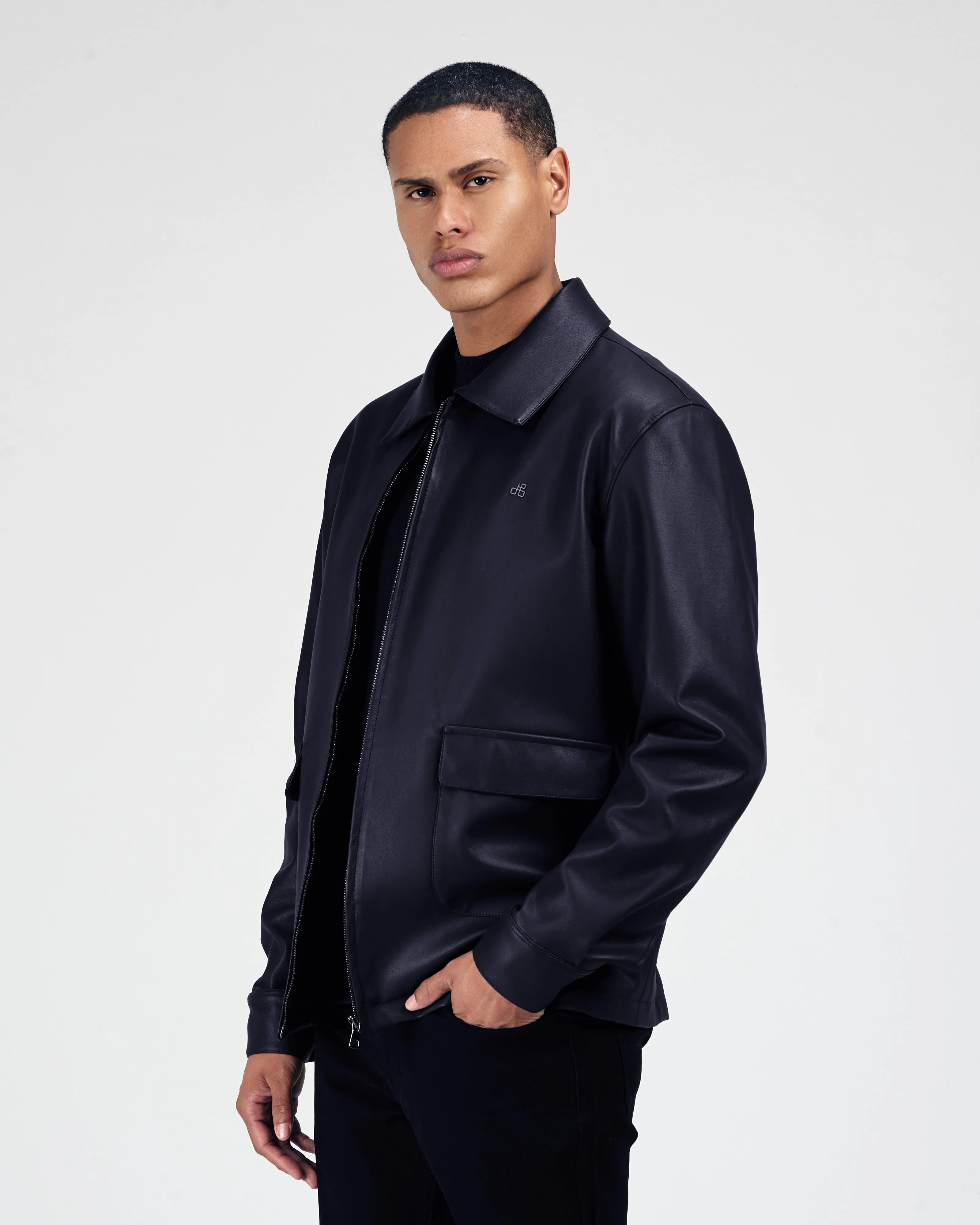 Solid Zip-Up Navy leather Jacket