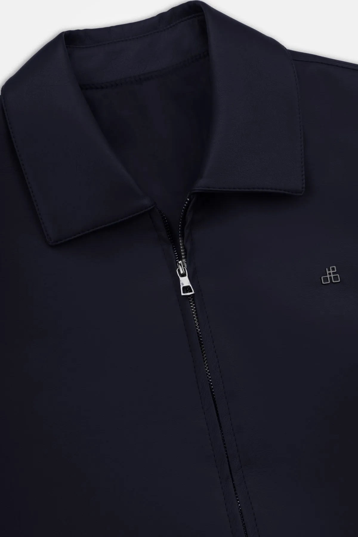 Solid Zip-Up Navy leather Jacket
