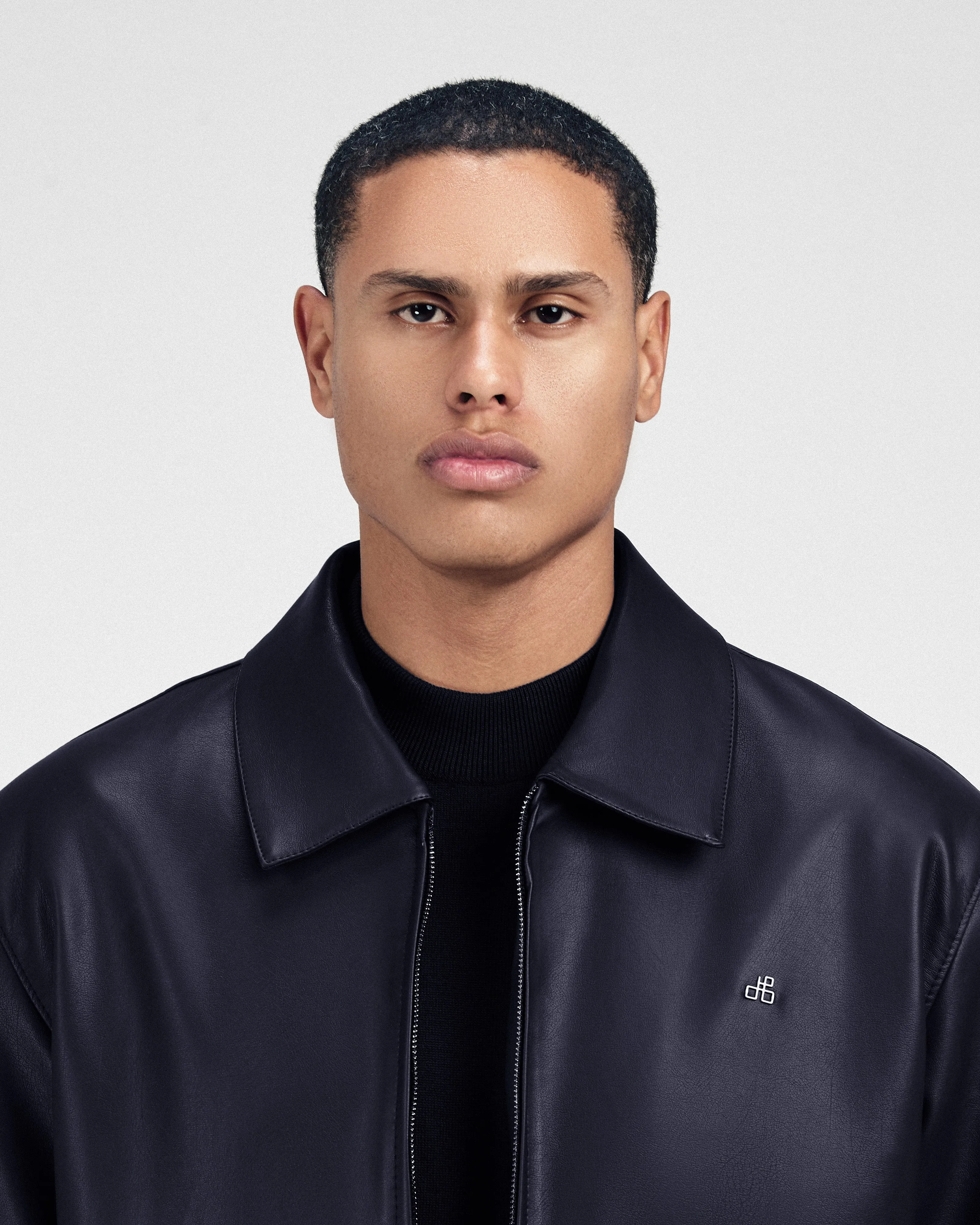 Solid Zip-Up Navy leather Jacket