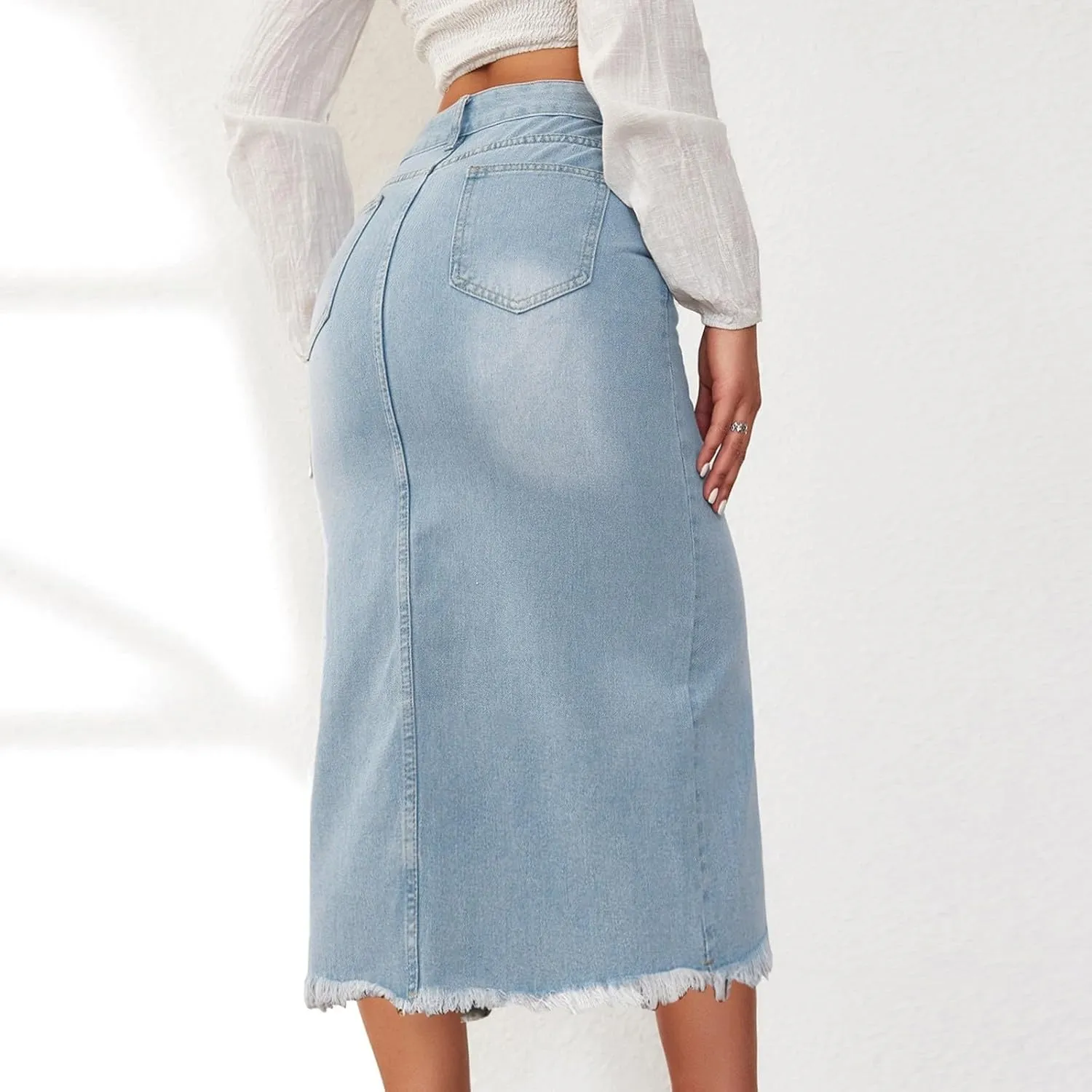 Summer Skirts for Women 2024 Jean Skirt for Women Denim Skirt with Pockets Mid High Waist Stretchy Bodycon Midi