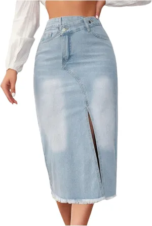 Summer Skirts for Women 2024 Jean Skirt for Women Denim Skirt with Pockets Mid High Waist Stretchy Bodycon Midi