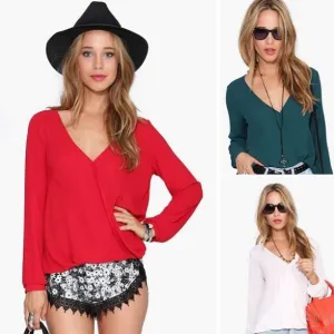 V-neck Long Sleeves Casual Plus Size Chiffon Blouse