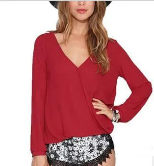 V-neck Long Sleeves Casual Plus Size Chiffon Blouse