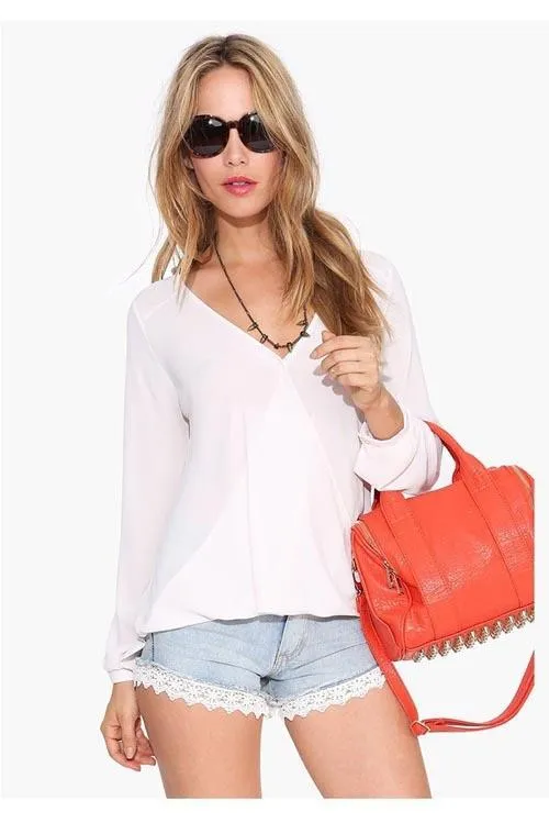 V-neck Long Sleeves Casual Plus Size Chiffon Blouse