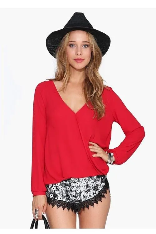 V-neck Long Sleeves Casual Plus Size Chiffon Blouse