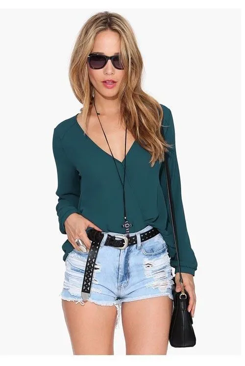V-neck Long Sleeves Casual Plus Size Chiffon Blouse