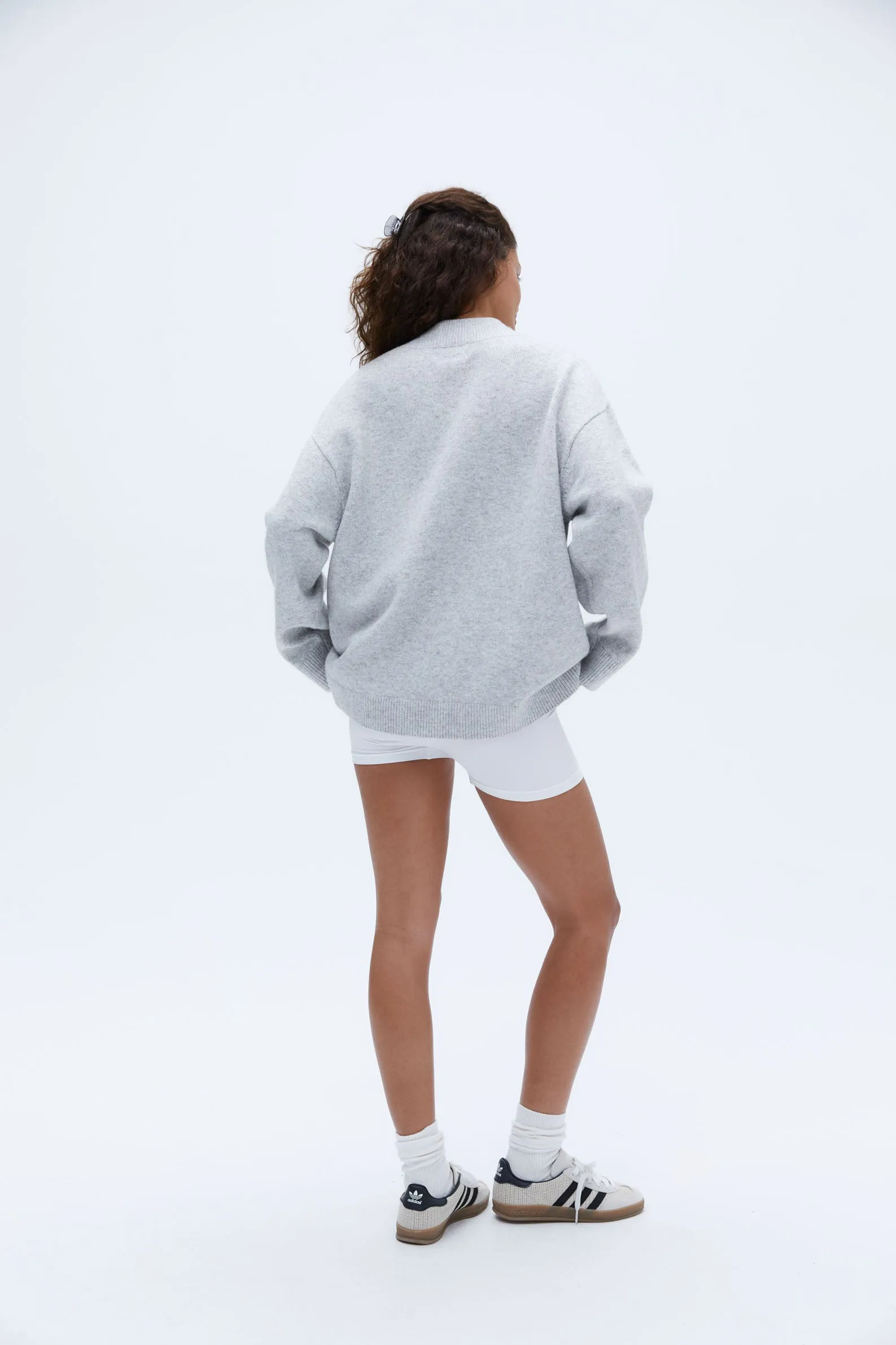 V Neck Oversized Knit Sweatshirt - Light Grey Melange